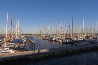 Olympic harbour Schilksee, Olympic Games 1972, sailing yachts at the jetty, ship masts in a row,