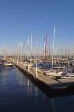 Olympic harbour Schilksee, Olympic Games 1972, sailing yachts at the jetty, ship masts in a row,