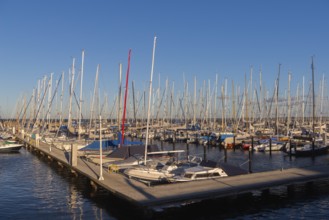 Olympic harbour Schilksee, Olympic Games 1972, sailing yachts at the jetty, ship masts in a row,