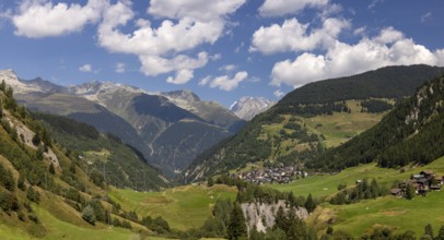 View over Val Medel, behind the village of Curaglia and Surselva, Lukmanier, Grisons, Switzerland