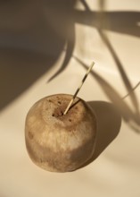 Coconut with a straw on a beige background, with a shadow