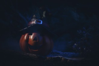 Pumpkin lantern with witch's hat in dark, spooky surroundings