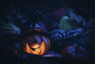 Glowing pumpkin with witch's hat, surrounded by spiders and other pumpkins, Halloween atmosphere
