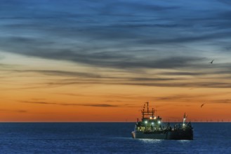 Coastal defence, hopper dredger, suction dredger in the evening light off the coast of the North