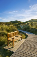 Jetty with bench in the dunes, resting place, North Sea, island, Sylt