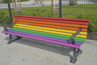 Bench in rainbow colours, Schöneberg, Tempelhof-Schöneberg, Berlin, Germany