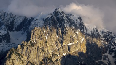 Atmospheric detailed view of the Sorapis mountain group in the evening light, Punta Sorapiss,