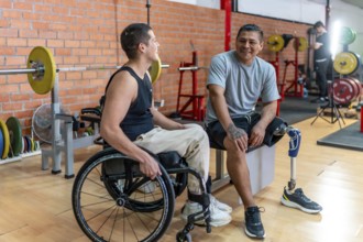 Two disabled men, one using a wheelchair and the other with a prosthetic leg, smiling while