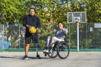 Men with diverse disabilities, one using a prosthetic leg and holding a basketball, the other