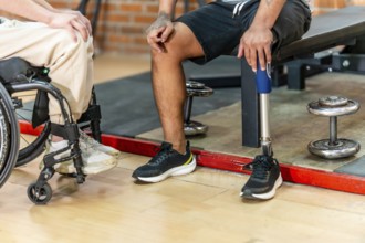 Disabled men, one in a wheelchair and another with a prosthetic leg, sharing a moment of