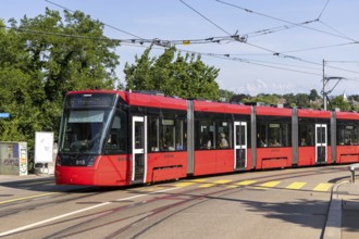 Tram of the Bernmobil type Stadler Tramlink at Casinoplatz in Bern, Switzerland
