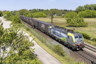 Goods train of the BLS Cargo railway on the Mannheim-Rastatt line in Wiesental, Germany