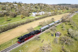 Steam train Feuriger Elias Aerial view from above on the Strohgäubahn steam railway railway steam