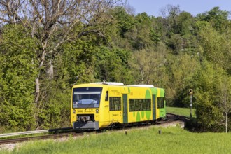 Regional railway train on the Strohgäubahn of the type Regio-Shuttle RS 1 in Münchingen, Germany