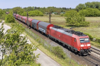 DB Cargo railway goods train on the Mannheim-Rastatt line in Wiesental, Germany