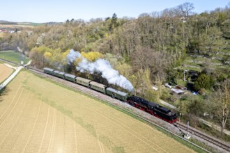 Steam train Feuriger Elias on the Strohgäubahn Aerial view from above Steam railway railway steam