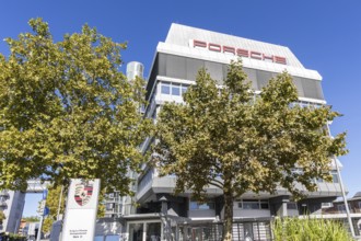 Porsche headquarters at Porscheplatz in Stuttgart-Zuffenhausen in Stuttgart, Germany