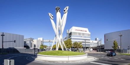Porsche headquarters at Porscheplatz in Stuttgart-Zuffenhausen with Panorama artwork in Stuttgart,