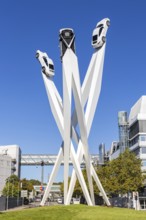 Porsche headquarters at Porscheplatz in Stuttgart-Zuffenhausen with artwork in Stuttgart, Germany