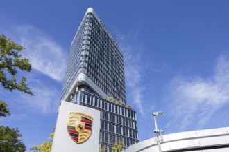 Porsche Design Tower high-rise and Porsche Centre Autohaus am Pragsattel in Stuttgart, Germany