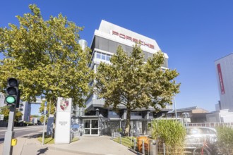 Porsche headquarters at Porscheplatz in Stuttgart-Zuffenhausen in Stuttgart, Germany