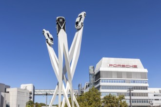 Porsche headquarters at Porscheplatz in Stuttgart-Zuffenhausen with artwork in Stuttgart, Germany
