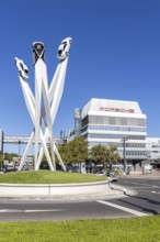Porsche headquarters at Porscheplatz in Stuttgart-Zuffenhausen with artwork in Stuttgart, Germany