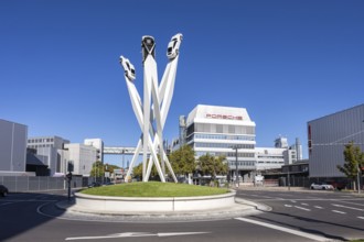 Porsche headquarters at Porscheplatz in Stuttgart-Zuffenhausen with artwork in Stuttgart, Germany
