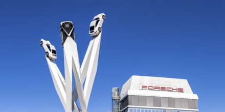 Porsche 911 cars artwork at the headquarters at Porscheplatz in Stuttgart-Zuffenhausen Panorama in
