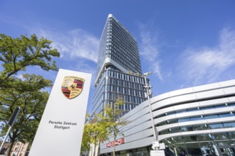Porsche Design Tower high-rise and Porsche Centre Autohaus am Pragsattel in Stuttgart, Germany