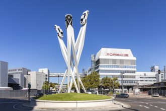 Porsche headquarters at Porscheplatz in Stuttgart-Zuffenhausen with artwork in Stuttgart, Germany