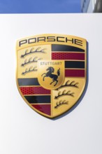 Porsche logo at the Porsche Centre Autohaus am Pragsattel in Stuttgart, Germany