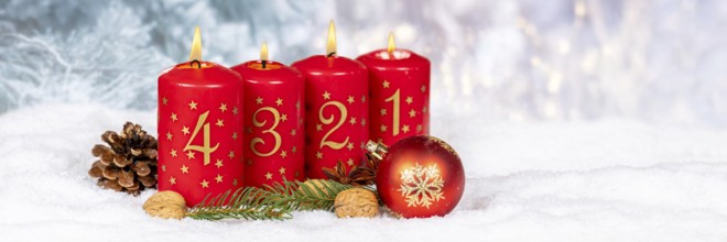 Fourth 4th Advent Candle for Christmas Panorama Christmas Card in Winter with copy space Copyspace