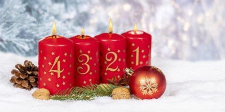 Fourth 4th Advent candle for Christmas Christmas card in winter with text free space Copyspace