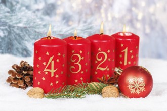 Fourth 4th Advent candle for Christmas Christmas card in winter with copy space Copyspace in