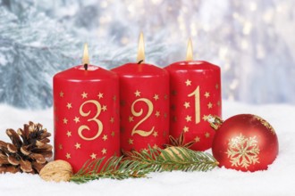 Third 3rd Advent candle for Christmas Christmas card in winter with copy space Copyspace in