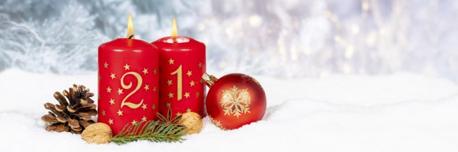 Second 2nd Advent candle for Christmas Christmas card in winter panorama with text free space