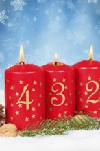 Fourth 4th Advent with candle Christmas Christmas card for Christmas time snow background with text
