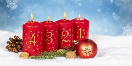 Fourth 4th Advent with candle Christmas Christmas card for Christmas time snow background with text