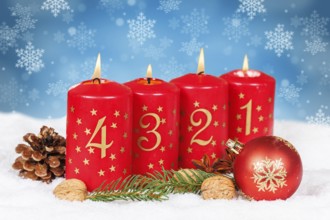 Fourth 4th Advent with candle Christmas Christmas card for Christmas time snow background with text