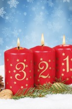 Third 3rd Advent with candle Christmas Christmas card for Christmas time snow background with text