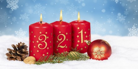 Third 3rd Advent with candle Christmas Christmas card for Christmas time snow background with text