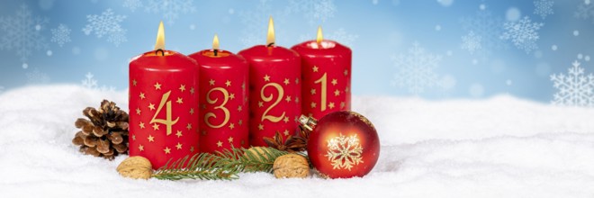 Fourth 4th Advent with candle Christmas Christmas card for Christmas time panorama snow background