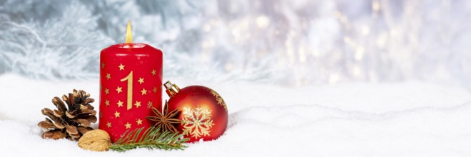 First 1st Advent Candle for Christmas Panorama Christmas Card in Winter with copy space Copyspace