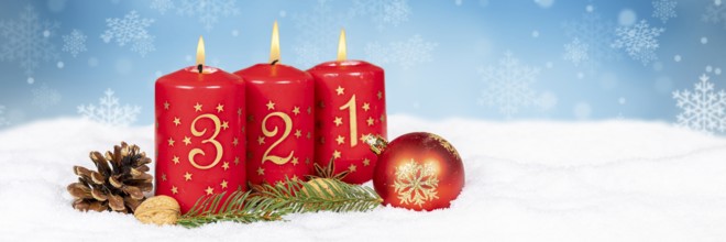 Third 3rd Advent with candle Christmas Christmas card for Christmas time snow background panorama