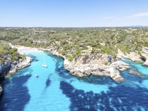 Aerial view of Cala Llombards beach on the island of Majorca from above in the Mediterranean Sea