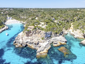 Aerial view of Cala Llombards beach on the island of Majorca from above in the Mediterranean Sea