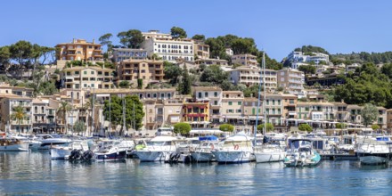 Port de Soller town on Majorca panoramic holiday by the sea yacht harbour with boats trip in Port