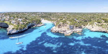 Aerial view of Cala Llombards beach on the island of Majorca from above in the Mediterranean