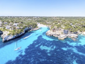 Aerial view of Cala Llombards beach on the island of Majorca from above in the Mediterranean Sea